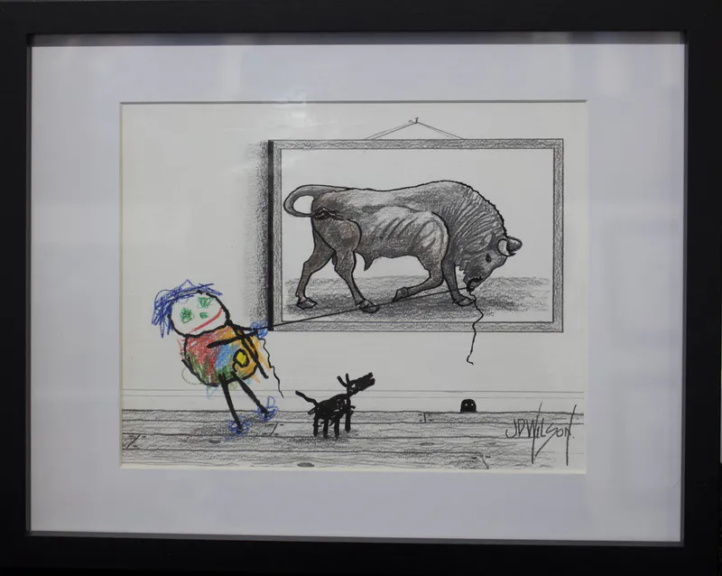 An original sketch drawing with a child playing tug of war by John Wilson, available at The Little Gallery Tairua