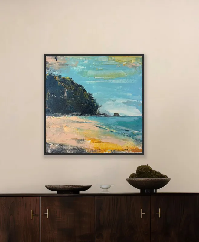An original Acrylic painting of Whiritoa Beach by Christian Nicholson, available at The Little Gallery Tairua