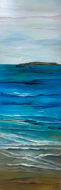 An original abstract coastal panel painting by New Zealand artist Lisa Ormsby, available at The Little Gallery Tairua