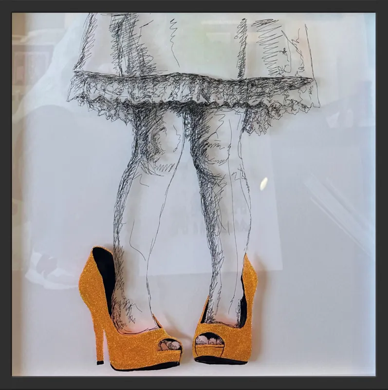 Little girl in mummys glittery orange shoes by Lisa Grennell available at The Little Gallery in Whangamata