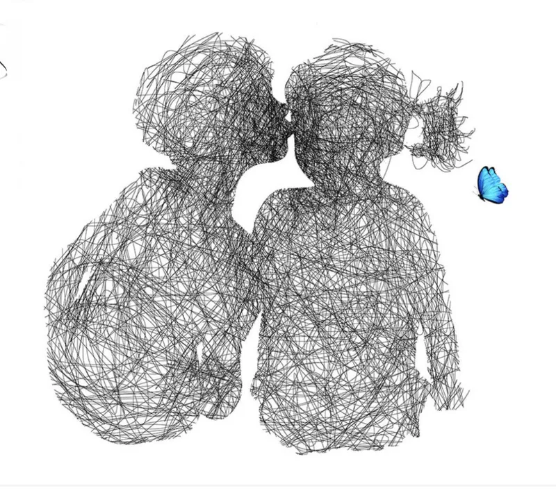 A linework print capturing a sweet moment between children by Lisa Grennell, available at The Little Gallery Tairua