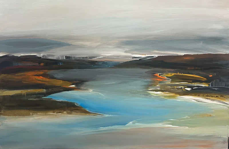 An original painting of a coastal inlet by Val Enger, available at The Little Gallery Tairua