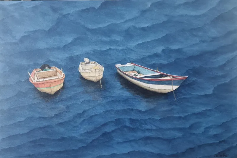 Three boats waiting an original acrylic painting by Artist Jennifer Panther available at The Little Gallery in Tairua