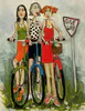 A fun painting of three lady cyclists by a Give Way sign by Artist Heather Leonard available at The Little Gallery in Whangamata