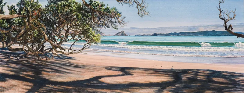 A Limited Edition fine art print of Pohutukawa shadows at Opito Bay by New Zealand artist Jane Galloway, available at The Little Gallery Tairua