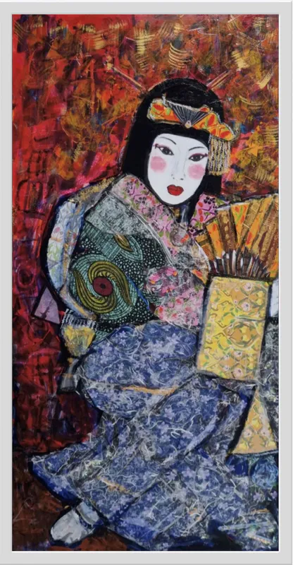 A tea box fabric collage Japanese Geisha by Peter Augustin, available at The Little Gallery Whangamatā