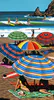 A bright screen print of a beach setting with umbrellas and surfers by Artist Tony Ogle available at The Little Gallery in Tairua