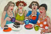 A contemporary painting of ladies catching up for coffee and cake by New Zealand artist Heather Leonard, available at The Little Gallery Tairua