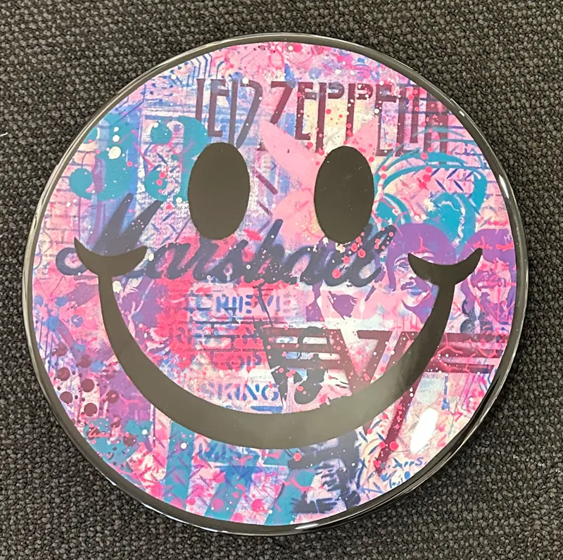 An original Pop Art Graffiti stencil artwork with rock band names by Random Guy, available at The Little Gallery Tairua