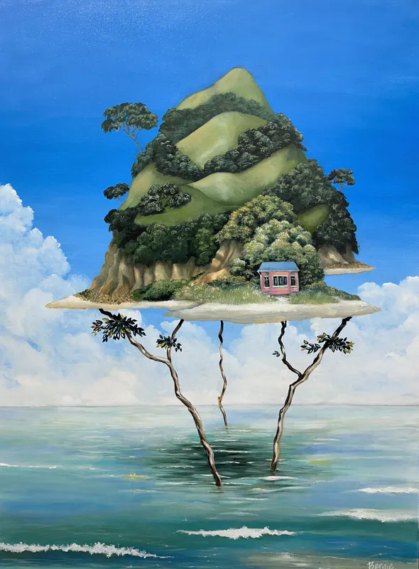 A whimsical contemporary painting of islands raised above sea level by New Zealand artist Bernie Kirkham, available at The Little Gallery Whangamata