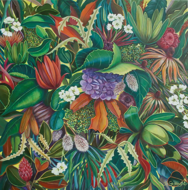 A contemporary original Acrylic painting of flowers and leaves by Jo Gallagher, available at The Little Gallery Tairua