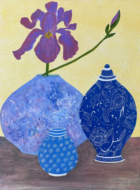 A beautiful and bright Acrylic painting with blue vases and an Iris flower by Sally Dalgety, available at The Little Gallery Tairua