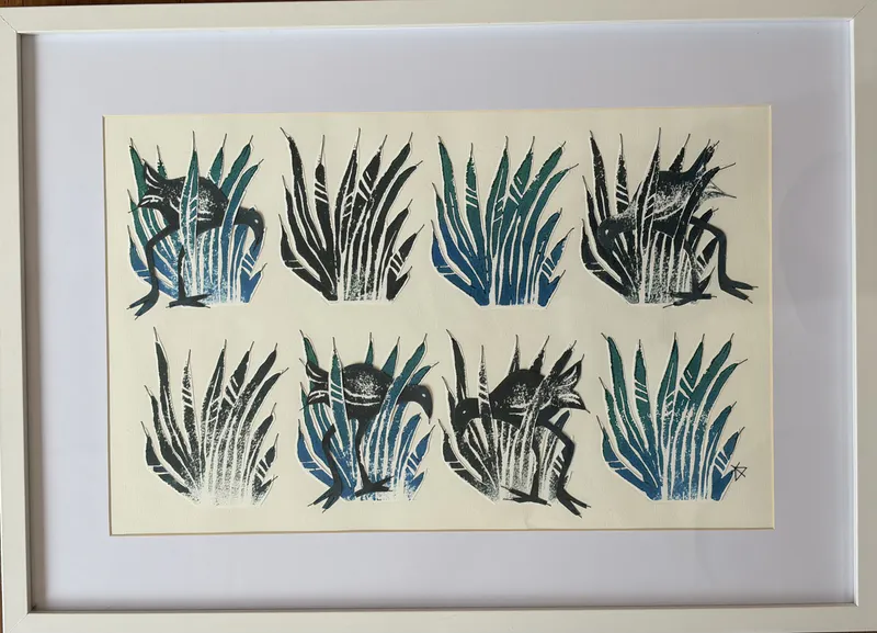 A Stitched Woodblock Monoprint with Pukeko in Reeds by Kate Hill, available at The Little Gallery Tairua