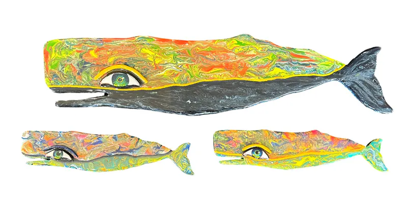 Original Whale artworks painted on wood cutouts by Lesley Campbell, available at The Little Gallery Tairua