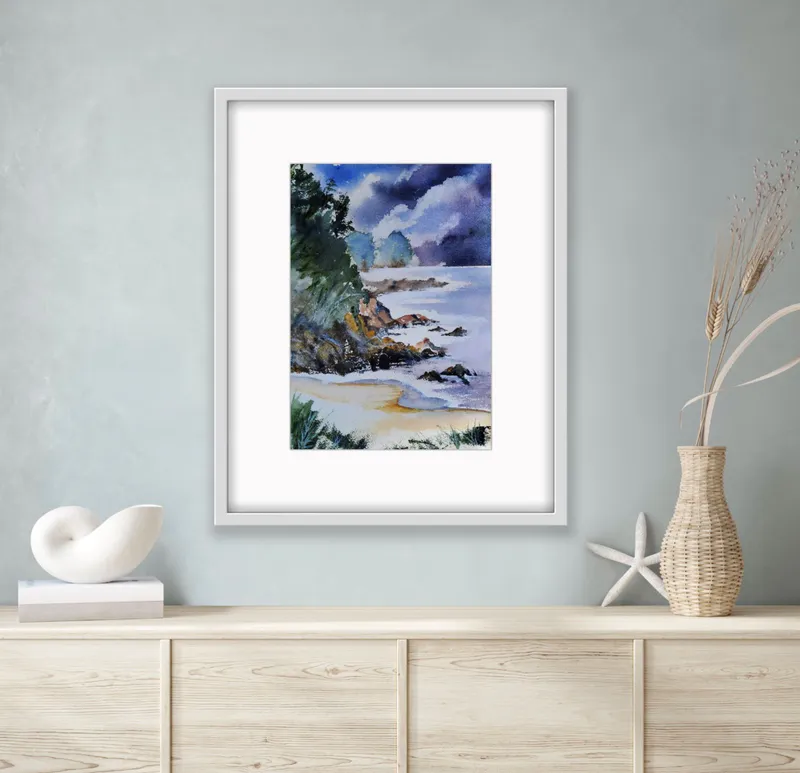 Water color painting in blue tones by Tairua Artist Jean McCann