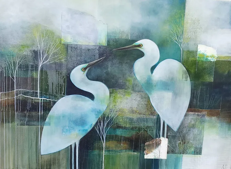 An original Mixed Media abstract painting of Kotuku (NZ White Herons) by Julie Whyman, available at The Little Gallery Tairua