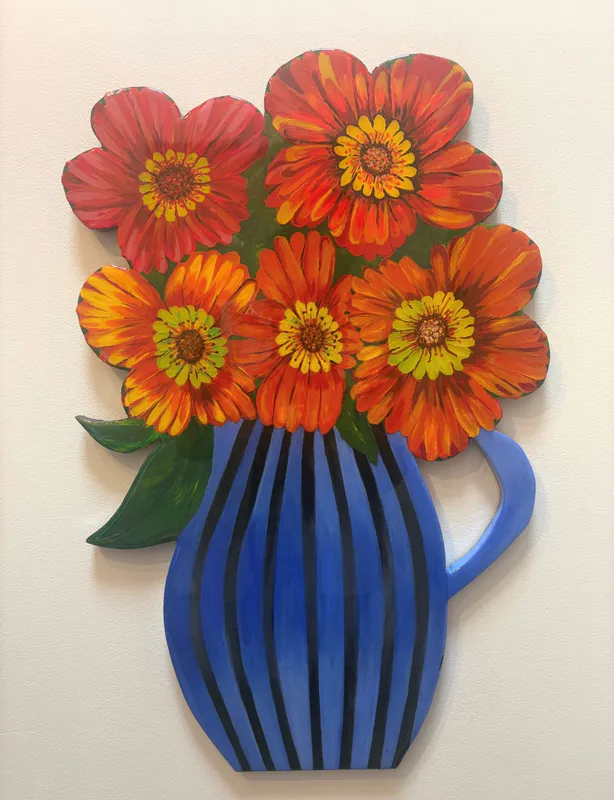 An original painting with a blue jug of flowers cut out on board by Lesley Campbell, available at The Little Gallery Whangamatā