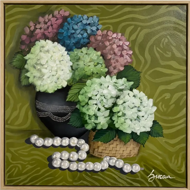 An original Acrylic painting of various coloured Hydrangeas in a vase by Susan Vorster, available at The Little Gallery Tairua