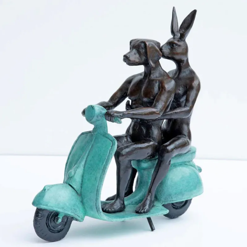 Dogman and Rabbitwoman bronze sculpture on a blue patina vespa by Gillie and Marc available at The Little Gallery in Tairua