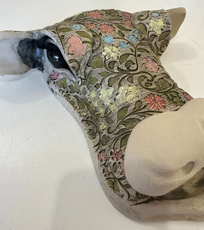 An original Tattooed Ceramic Cow's Head by Studio 12 Art, available at The Little Gallery Whangamatā
