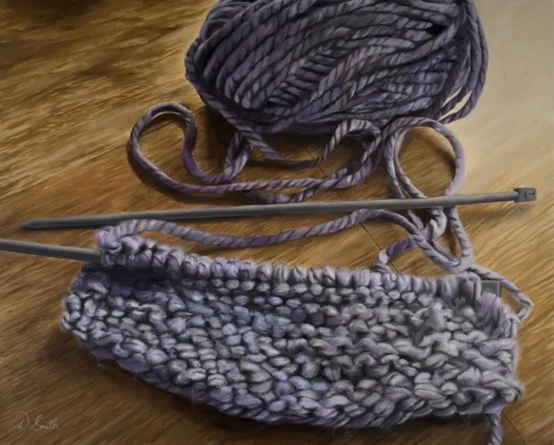 An original Fine Art Oil painting of knitting by Dianna Smith, available at The Little Gallery Tairua