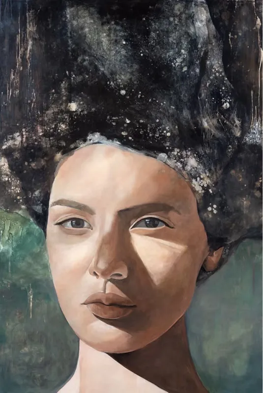 A limited edition print of a woman's face by Hayley Hamilton, available at The Little Gallery Tairua