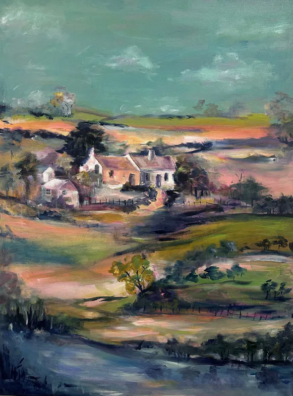 An original painting of houses in a field by Kat de Blaauw, available at The Little Gallery Tairua