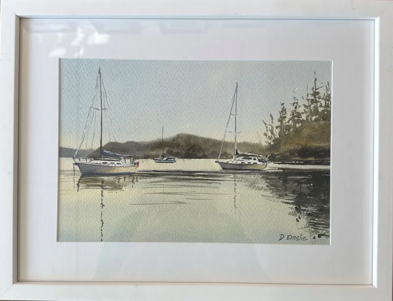 An original painting with boats moored in the calm waters of Shark Bay by Debbie Emslie, available at The Little Gallery Tairua