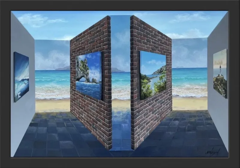 An original 3D visual trickery artwork with artwork and the sea in the background by John Wilson, available at The Little Gallery Tairua