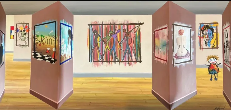 An original 3D Visual Trickery artwork of an art gallery by John Wilson, available at The Little Gallery Whangamatā