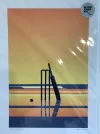 A fine art print of a cricket bat and wicket set silhouette on the beach by New Zealand artist Glenn Jones, available at The Little Gallery Whangamata