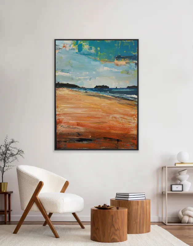 An original contemporary painting of Whangamata beach by Christian Nicholson, available at The Little Gallery Tairua
