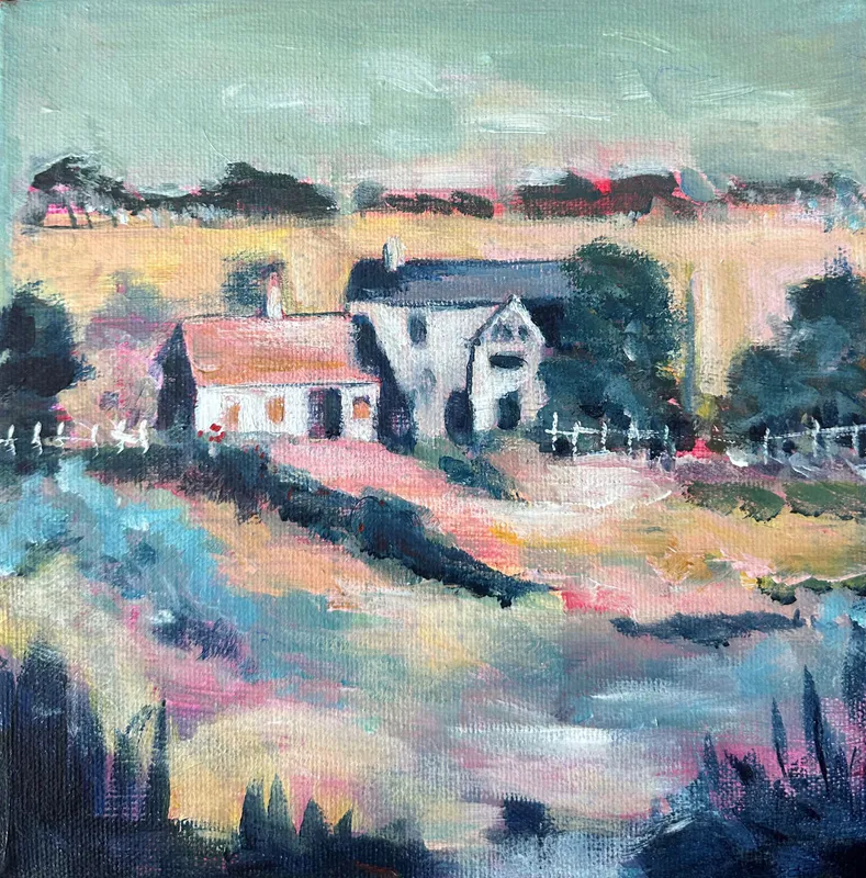 An original Acrylic painting with Farm houses by Kay de Blaauw, available at The Little Gallery Tairua