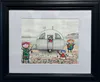 A contemporary artistic sketch of a family with a caravan by John Wilson, available at The Little Gallery Tairua