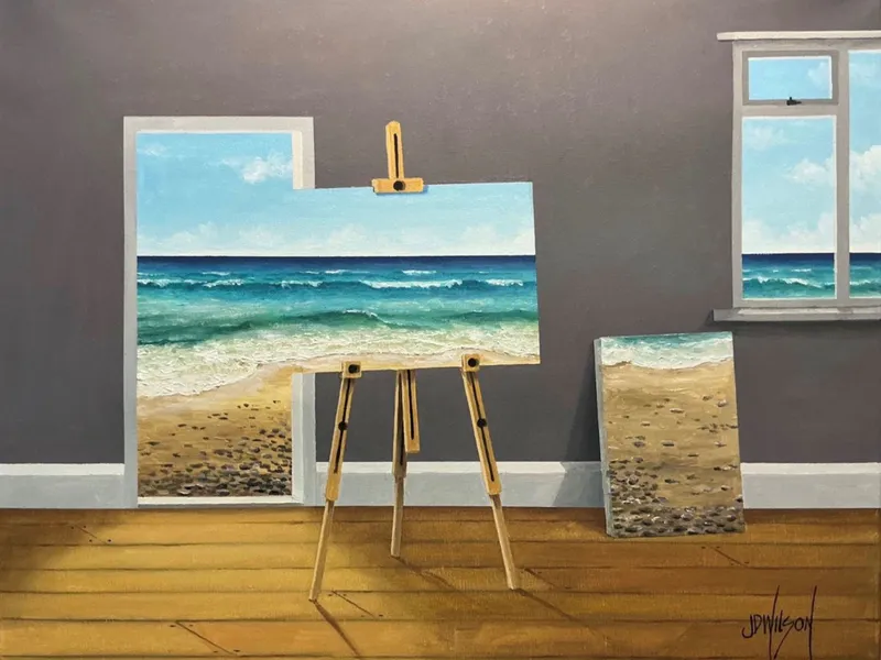 An original painting that blurs the lines of reality between the sea and paintings inside by John Wilson, available at The Little Gallery Tairua