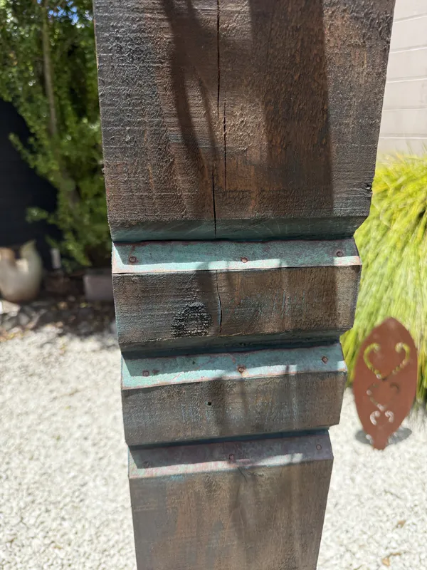 Corten Steel and wooden sculpture with copper inserts by Rustic Soul Sculptures, available at The Little Gallery Whangamata