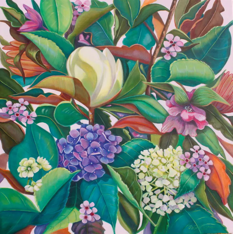 A contemporary Acrylic painting of flowers and foliage by Jo Gallagher, available at The Little Gallery Whangamata