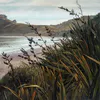 Stunning print of Opito Bay with flax in foreground by Artist Jane Galloway available at The Little Gallery in Tairua