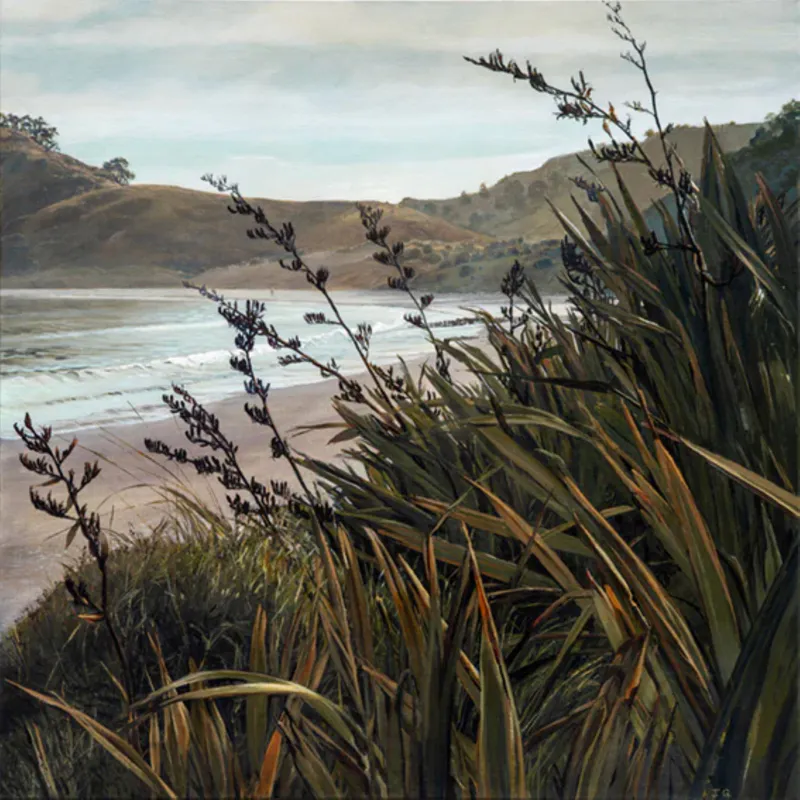 Stunning print of Opito Bay with flax in foreground by Artist Jane Galloway available at The Little Gallery in Tairua