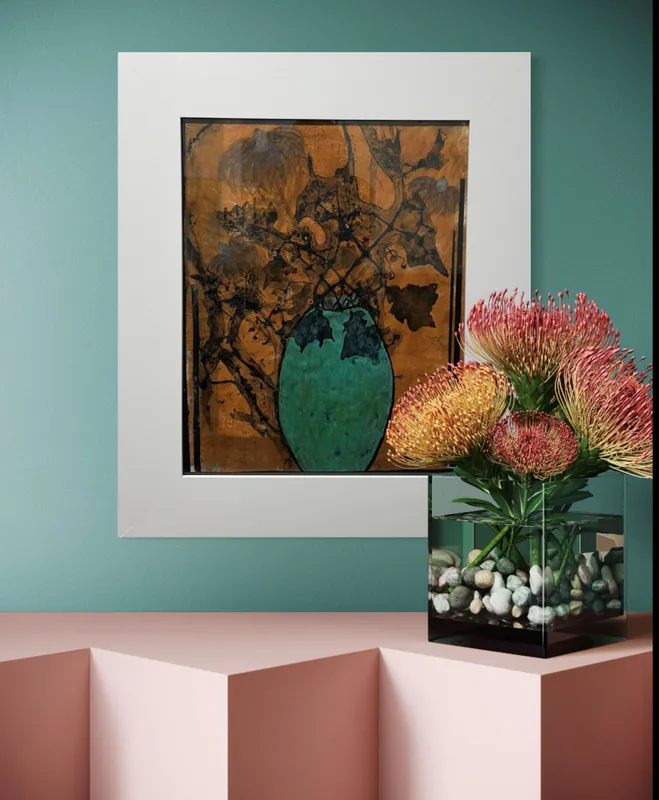 A painting of a green vase of twigs by Joanne Mahoney available at The Little Gallery in Tairua