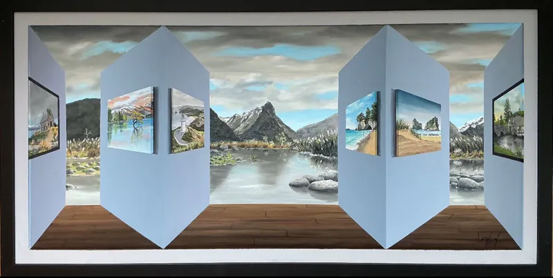 A 3D panel painting of a gallery with paintings within a painting by John Wilson, available at The Little Gallery Whangamata
