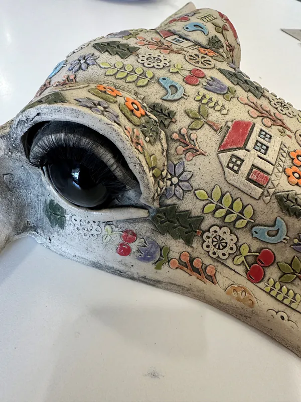 Beautifully crafted Ceramic Cow head with tattoo designs by Studio 12 Art, available at The Little Gallery Whangamatā