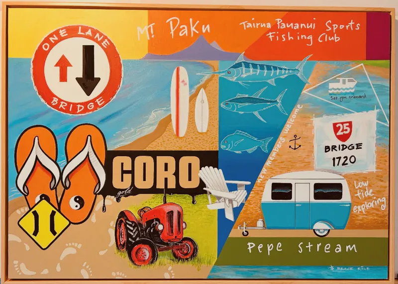 Original Acrylic painting with Kiwiana/Tairua icons by New Zealand artist Bruce Rule, available at The Little Gallery Tairua