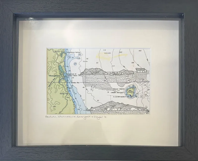 Marine chart with ink drawing of Hauturu Whenuakura & Rawengaiti Islands by Joanne Mahoney, available at The Little Gallery Tairua