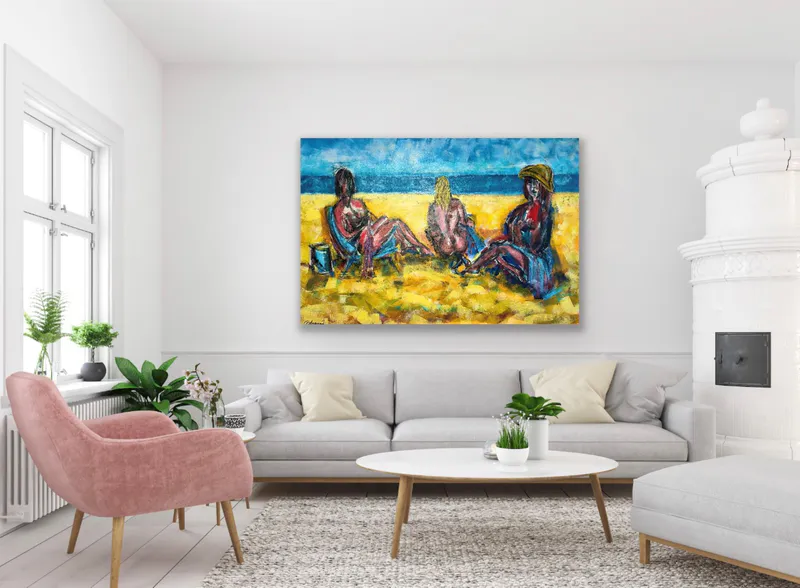 A Mixed Media painting with women sunbathing on the sand by Peter Augustin, available at The Little Gallery Whangamata