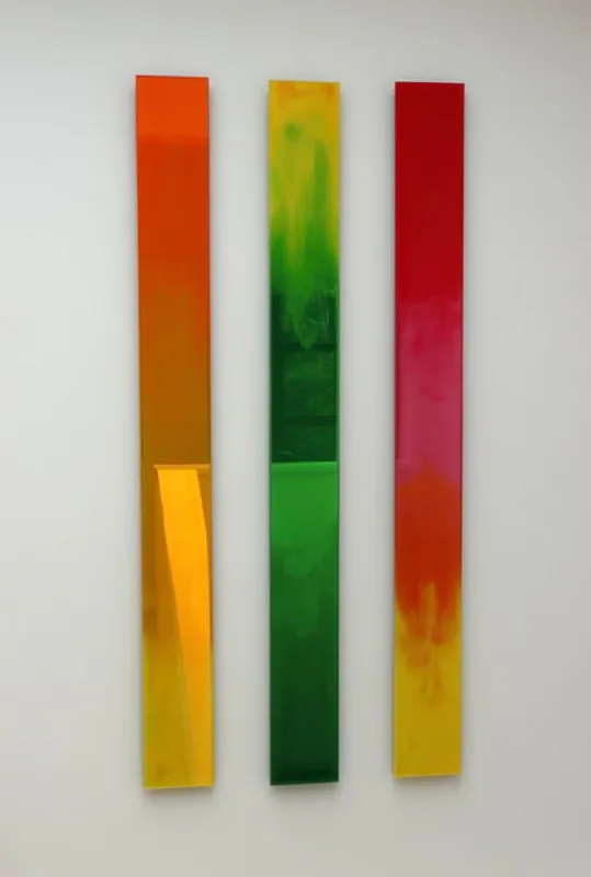A bright and colourful glass Triptych by Hollie O'Neill, available at The Little Gallery Whangamata