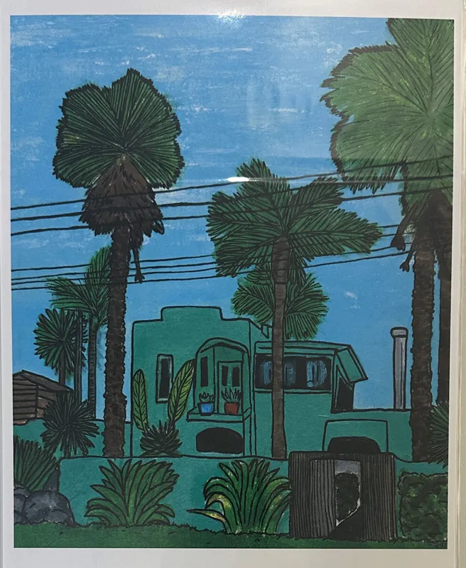 A print with a green bach by Ruby Turner, available at The Little Gallery Whangamata