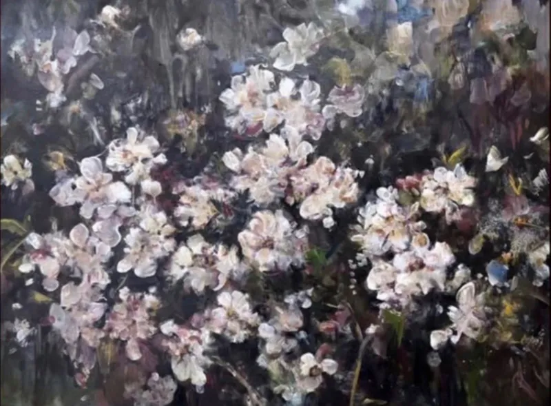 An original contemporary painting with flowers in a garden by Lyndy Wilson, available at The Little Gallery Tairua