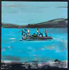 A contemporary painting of people on a raft by New Zealand artist Christian Nicolson, available at The Little Gallery Whangamata