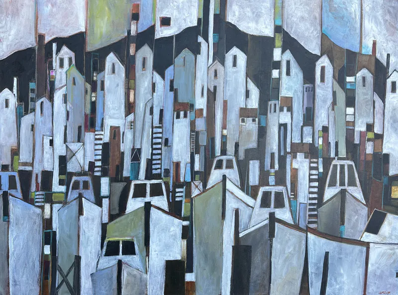 An original painting with boats in a harbour by Stephanie Crisp, available at The Little Gallery Tairua